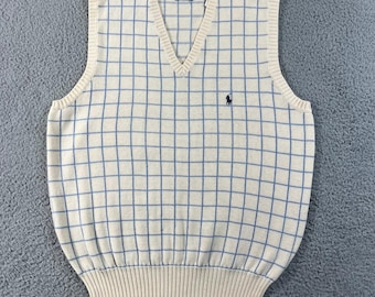 Polo Ralph Lauren Sweater Vest Men's M Cream Blue Windowpane Check Golf Cotton
