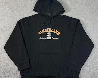 Timberland Hoodie Men's L Black Graphic Logo Pullover Fleece Sweatshirt Vintage
