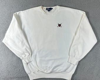 Polo Ralph Lauren Sweatshirt Herren L Weiß Golf Crest Bestickter Rundhalsausschnitt VTG