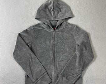 Felpa con cappuccio Tommy Hilfiger da donna, taglia junior L, grigia, in velluto, con zip e logo Y2K applicato, nuova con etichette.