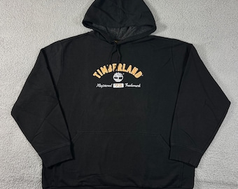 Timberland Hoodie Mens 2XL Black Graphic Logo Pullover Fleece Sweatshirt Vintage