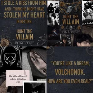 May include: A collage featuring the book cover for "Hunt the Villain" by Rina Kent, with quotes and images. The cover is dark with gold text and a skull. Other images include a person wearing a mask and other portraits.