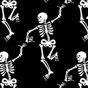 May include: A repeating pattern of white skeletons dancing on a black background. The skeletons are in various poses, with arms and legs outstretched. The design is suitable for Halloween or spooky-themed products.