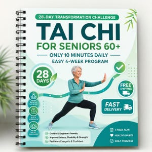 May include: Spiral-bound book titled "TAI CHI FOR SENIORS 60+" with a woman demonstrating a Tai Chi pose. The cover includes text about a 28-day transformation challenge and a 4-week program. Additional icons highlight benefits like balance and wellness.