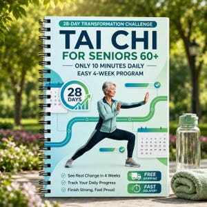 May include: A spiral-bound book titled "TAI CHI FOR SENIORS 60+" with a 28-day transformation challenge. The cover features an illustration of a senior woman performing Tai Chi. Includes a calendar, water bottle, and towel.