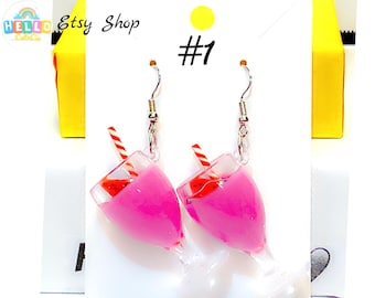 Pink Strawberry Drink Earrings – Handmade Summer Cocktail Dangle Jewelry Assorted Earring Styles