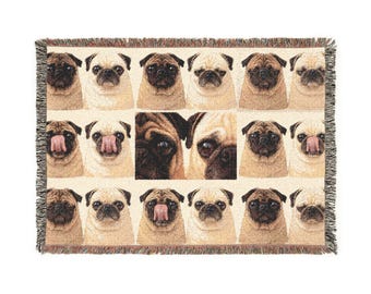 Grumble Lo-Fi Pug Blanket | 9-Panel Pug Grid Woven Throw | Funny Pug Gift | Study Vibes Cotton Tapestry | Fringe