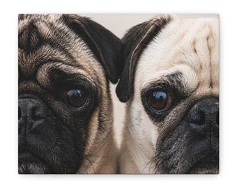 Grumble Lo-Fi Pug Canvas | Close-Up Double Portrait Stretched Canvas | Pug Wall Art | Lo-Fi Study Decor