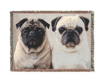 Grumble Lo-Fi Pug Portrait Woven Blanket | Study Vibes Cotton Throw | Dog Lover Teacher Gift | Fringe Tapestry