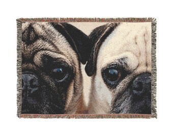 Grumble Lo-Fi Pug Portrait Woven Blanket | Close-Up Study Vibes Cotton Throw | Dog Lover Teacher Gift | Fringe Tapestry
