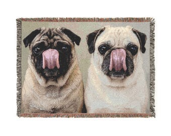 Grumble Lo-Fi Pug Blanket | Air Lick Woven Cotton Throw | Funny Dog Gift | Fringe Tapestry | Study Vibes