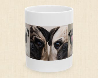 Roly & Mabel Study No. 1 - Ceramic Mug 11oz | Pug Portrait Triptych | Lo-Fi Art Coffee Mug | Rescue Pug Gift