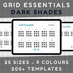 Puede incluir: Una tableta digital muestra un diseño de cuadrícula con el texto "Grid Essentials" y "Dark Shades". La pantalla muestra varios tamaños de cuadrícula de 1 mm a 10 mm, con el texto "25 Tamaños - 9 Colores - 200+ Plantillas" en la parte inferior.