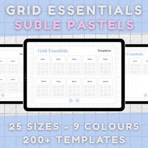 May include: A digital tablet displays a grid template with pastel color swatches. The screen shows sizes from 1mm to 10mm, with the text "Grid Essentials" and "Templates." The image also includes the text "25 SIZES - 9 COLOURS - 200+ TEMPLATES."