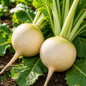 May include: Two round white turnips with smooth skin and long, vibrant green leafy stalks growing directly out of the dark soil. The vegetables feature a bulbous shape with a tapering root at the bottom, showcasing fresh foliage and natural textures.
