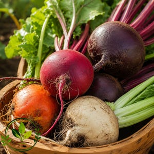 May include: A collection of fresh root vegetables in a wooden basket, including a bright red beet, a deep purple beet, a round orange turnip, and a white turnip, all featuring long green leafy stems and thin fibrous roots attached to the base.