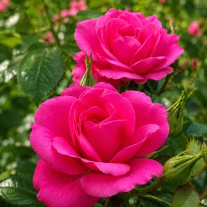 May include: Two vibrant hot pink roses in full bloom with layered, delicate petals. The flowers are surrounded by deep green, serrated leaves and several small, unopened green rosebuds on thin stems, creating a dense and lush floral display.