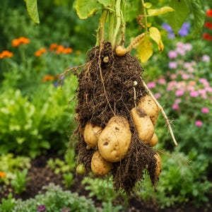 May include: A cluster of freshly harvested potatoes, still attached to the soil and roots, hangs in front of a blurred garden backdrop. The potatoes are a light brown color, and the soil is dark brown. Green leaves and colorful flowers are visible in the background.