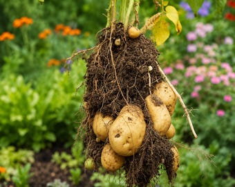 May include: A cluster of freshly harvested potatoes, still attached to the soil and roots, hangs in front of a blurred garden backdrop. The potatoes are a light brown color, and the soil is dark brown. Green leaves and colorful flowers are visible in the background.