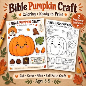 Puede incluir: Dos hojas de actividades imprimibles para una manualidad de calabaza bíblica con una calabaza grande, tallo, hoja, brazos, pies y una Biblia con el texto Give Thanks to the Lord Psalm 107:1. Las hojas incluyen una versión a color y otra en blanco y negro.
