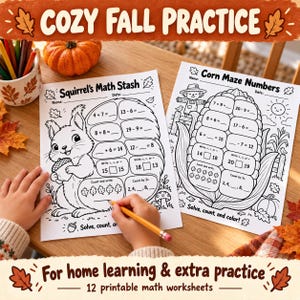 May include: Two printable math worksheets titled Squirrel's Math Stash and Corn Maze Numbers featuring black and white line art of a squirrel with an acorn and a corn cob. The pages include addition, subtraction, and comparison problems.