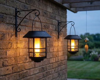 Lampa wisząca solarna z uchwytem ściennym – kinkiet zewnętrzny LED o ciepłym białym świetle, wodoodporna metalowa lampa ogrodowa, rustykalna dekoracja ogrodzenia tarasu