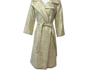 VTG Victor Costa Gold Metallic Brocade Coat Dress Belted Portrait Collar Glam 12