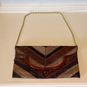 Vintage Varon Brown Snakeskin Patchwork Purse Clutch Chain Shoulder Bag 1970s