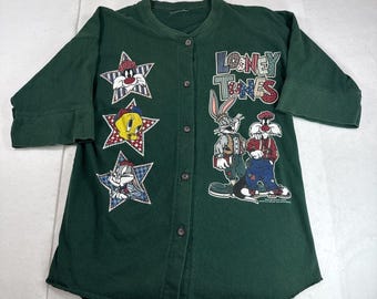 1995 Looney Tunes Tweety Vintage Button-Up Baseball Jersey Shirt M Hunter Green