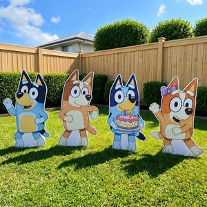 Födelsedagsdekorationer, gårdsskylt gräsmatta, Bluey Cutouts Standee, Bluey bakgrundsfestdekor, Bluey mittpunkt, Stående dekorationer, Bluey födelsedag