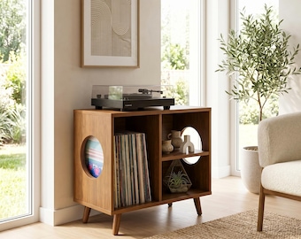 Mid Century Modern Record Player Stand with Vinyl Storage | Wooden Turntable Console Cabinet | Retro LP Holder Media Console for Living Room