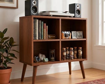 Plattenspielerständer aus Massivholz, Plattenregal, Mid-Century Modern Bücherregal, Minimalist Music Rack, Wohnkultur Möbel