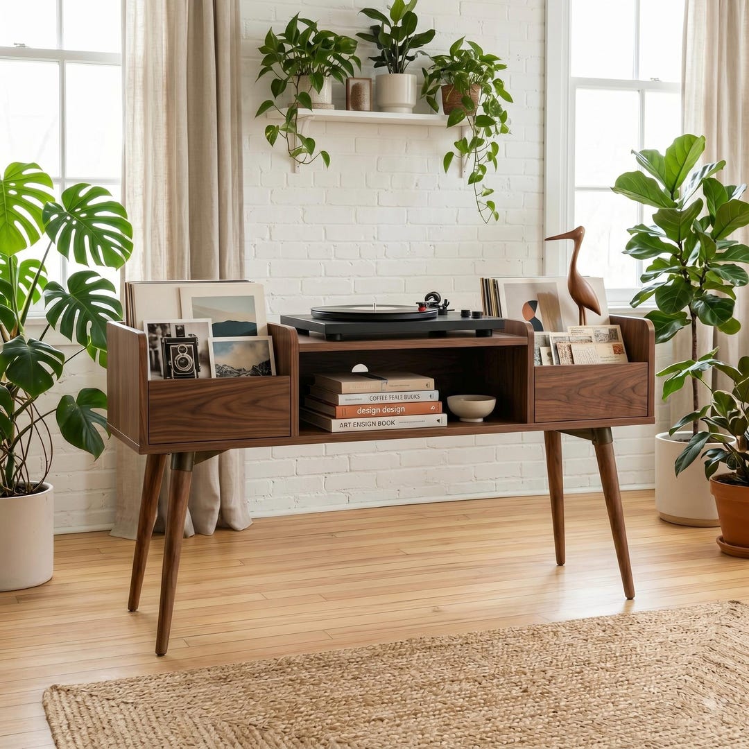 Handmade Solid Wood Record Player Stand With Vinyl Storage – Modern Mid ...