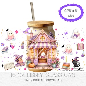 May include: A 16 oz Libbey glass can with a bamboo lid and straw, featuring a wrap-around design of a pastel purple bookstore, ghosts reading books, a black cat in a witch hat, stacks of books, and flowers. Text reads 9.75" x 5" size.