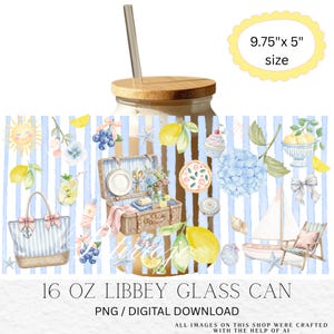 May include: A 16 oz Libbey glass can with a bamboo lid and straw, featuring a 9.75" x 5" wrap design. The pattern includes watercolor illustrations of a picnic basket, sailboat, beach chair, lemons, blueberries, hydrangeas, and a striped tote bag.