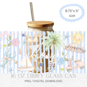 May include: A 16 oz Libbey glass can with a wooden lid and a straw. The glass is decorated with watercolor illustrations of a sailboat, palm tree, scooter, and other beach-themed elements. The dimensions are 9.75" x 5".