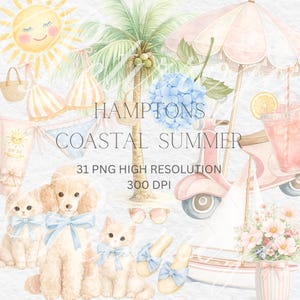 May include: Watercolor illustration with a coastal summer theme. Features a sun, palm tree, bikini, scooter, puppies, kittens, sunglasses, sandals, sailboat, and a drink. Text reads "Hampton's Coastal Summer" and "31 PNG High Resolution 300 DPI".
