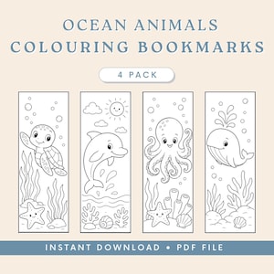 May include: A set of four black and white coloring bookmarks featuring ocean animals including a sea turtle, dolphin, octopus, and whale. The text reads OCEAN ANIMALS COLOURING BOOKMARKS, 4 PACK, INSTANT DOWNLOAD, and PDF FILE.