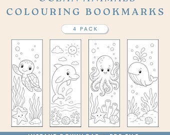 Kleurplaten met oceaandieren als bladwijzers (printbaar PDF-bestand) voor kinderen, ideaal als beloning voor rustig lezen, leuk knutselproject voor in de klas, schermvrije activiteit voor kinderen van 5-8 jaar, geschikt voor thuisonderwijs.