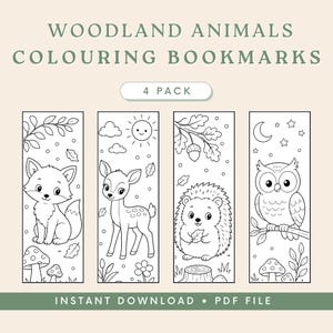 May include: A set of four printable bookmarks featuring black and white line art of woodland animals including a fox, deer, hedgehog, and owl. The text reads WOODLAND ANIMALS COLOURING BOOKMARKS, 4 PACK, and INSTANT DOWNLOAD PDF FILE.