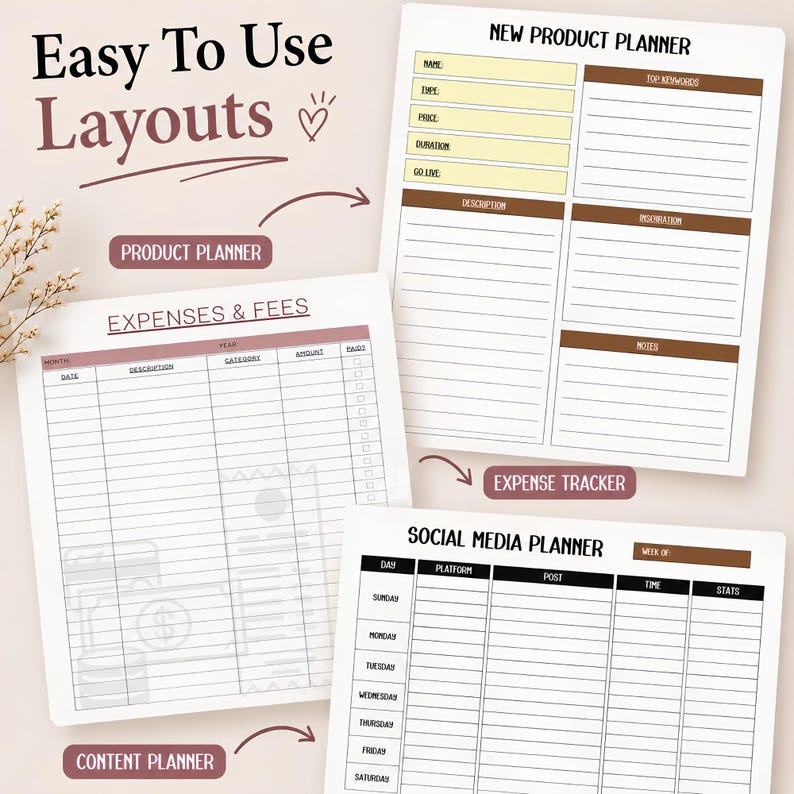 Content planner and marketing calendar for Etsy shop owners to schedule social media posts, promotions, launches, and business goals.