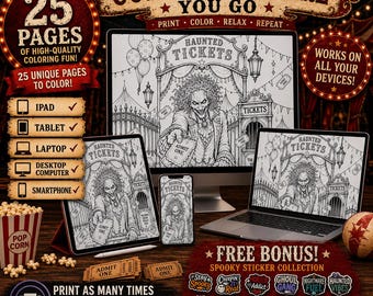 Haunted Circus Coloring Book for Adults | Horror Circus Printable PDF | Creepy Clown & Carnival Coloring Pages | Halloween Digital Download