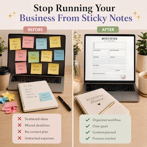 98-page Etsy business planner bundle with product planner, listing tracker, expense tracker, content calendar, sales tracker, and goal-setting worksheets.