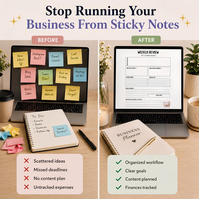 98-page Etsy business planner bundle with product planner, listing tracker, expense tracker, content calendar, sales tracker, and goal-setting worksheets.