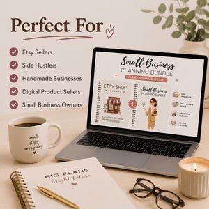 Digital Etsy shop planner bundle displayed on tablet and laptop, compatible with GoodNotes, iPad planning, and printable PDF use.