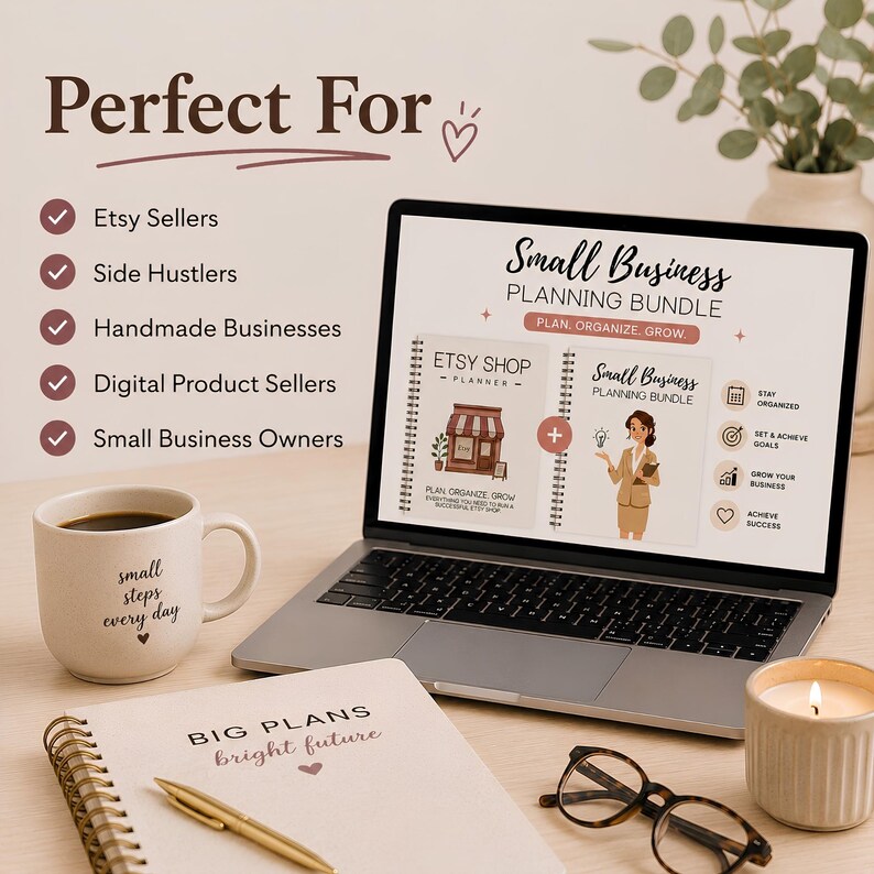 Digital Etsy shop planner bundle displayed on tablet and laptop, compatible with GoodNotes, iPad planning, and printable PDF use.