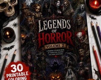 Legends of Horror Coloring Book for Adults, 30 Printable Halloween Coloring Pages PDF, Gothic Horror Art, Digital Download
