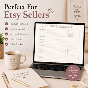 Keyword research planner for Etsy sellers featuring SEO tracking sheets, keyword brainstorming pages, and search term organization tools.