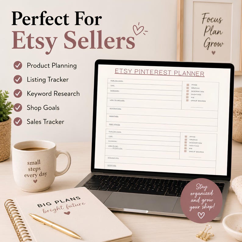 Keyword research planner for Etsy sellers featuring SEO tracking sheets, keyword brainstorming pages, and search term organization tools.