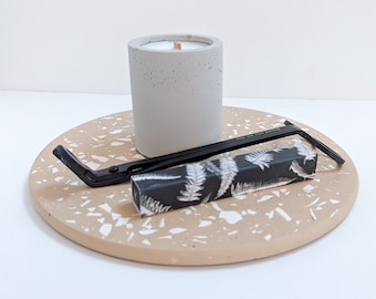 Tan Terrazzo Round Catchall Tray, Neutral Minimalist Jesmonite Candle Holder